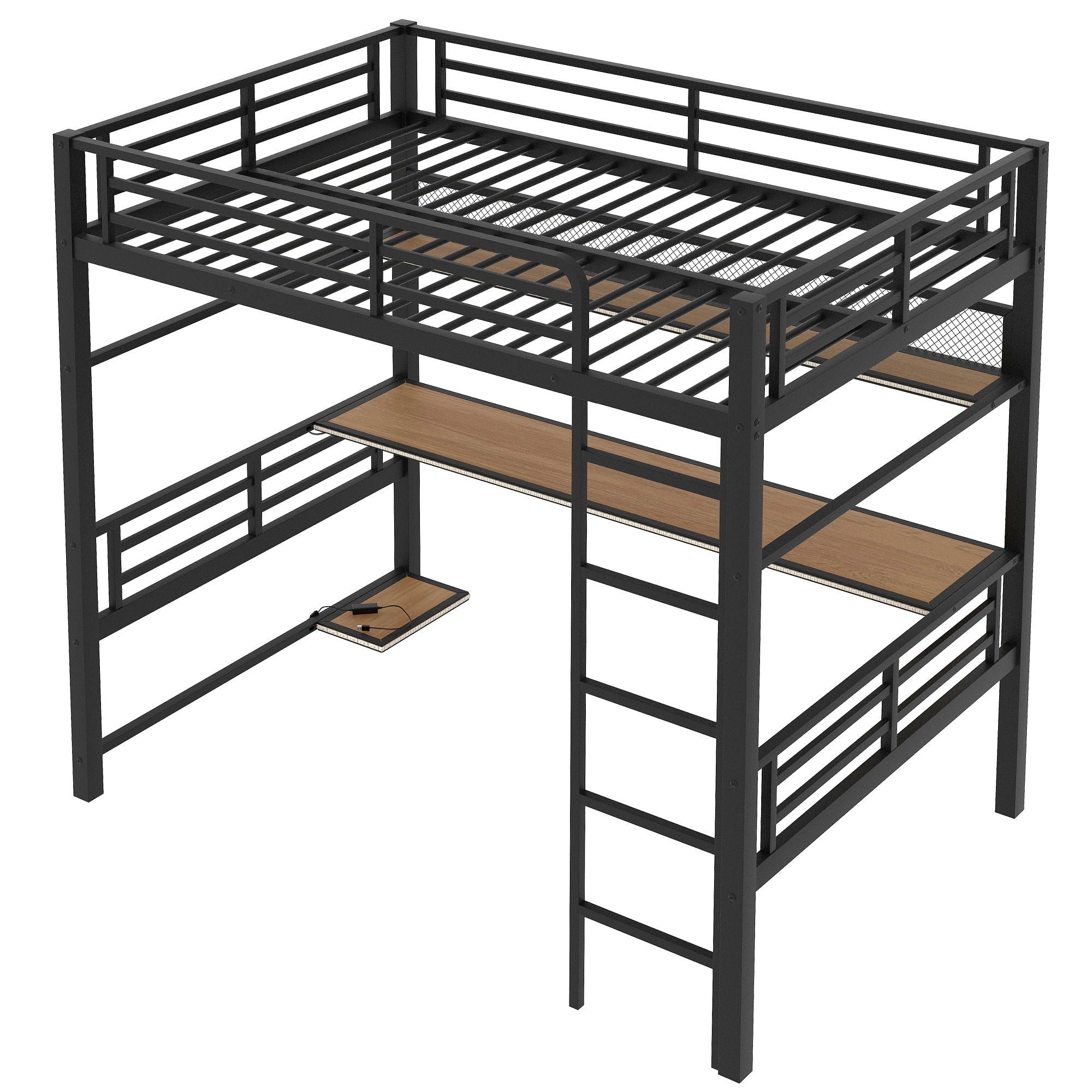 Full Size Loft Bed Frame With Storage Shelf And LED Light - Thumbnail 2