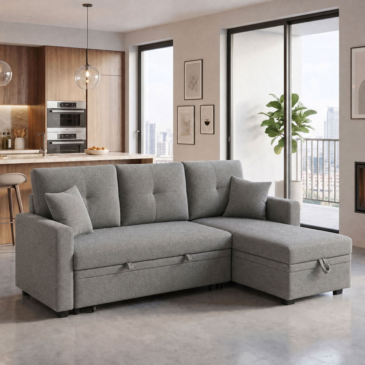 Sleeper Sectional Sofa With Pull Out Bed, Reversible Chaise, Hidden Storage