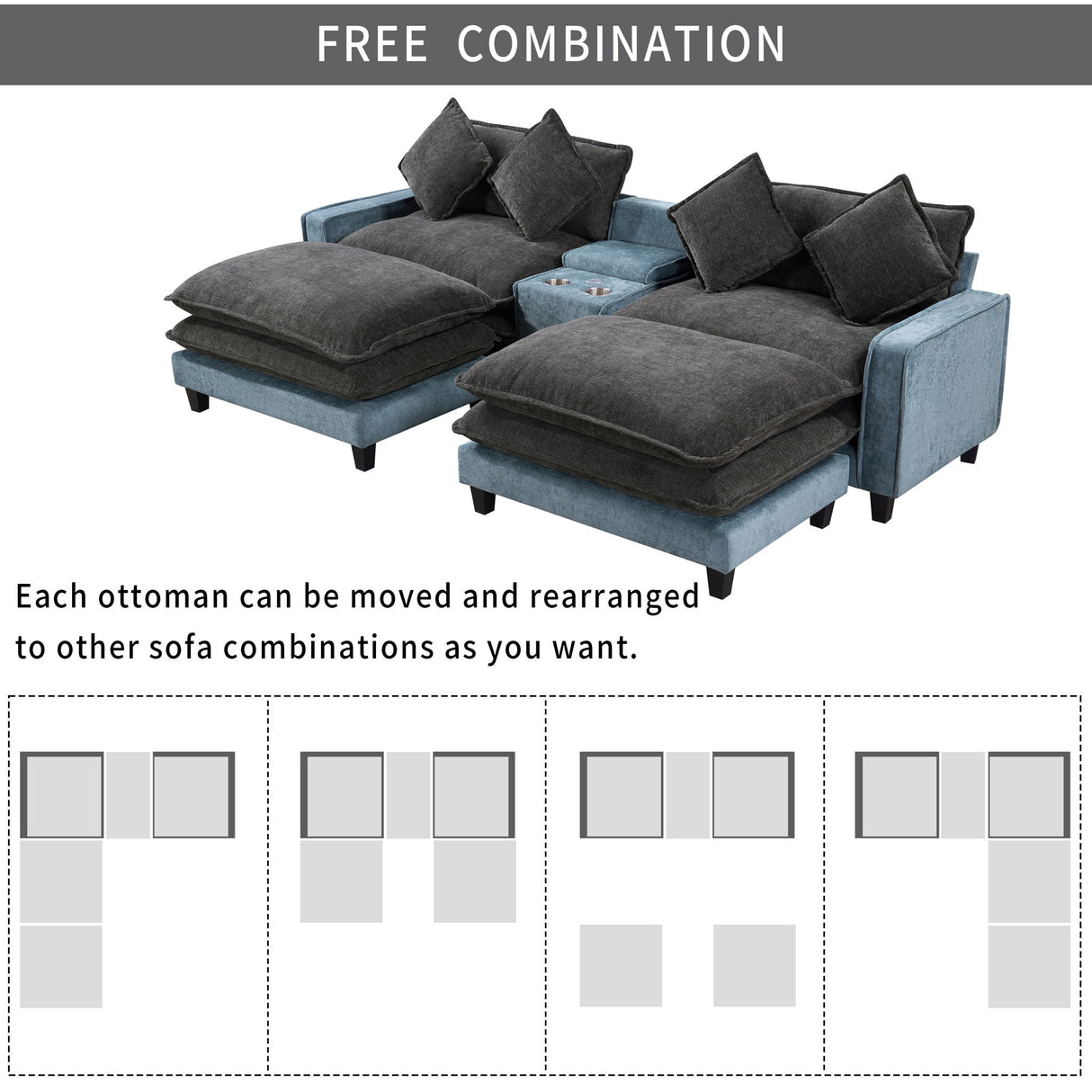 Sectional Sofa With Removable Ottomans, USB Ports, Cup Holders & Storage - Gray / Light Blue