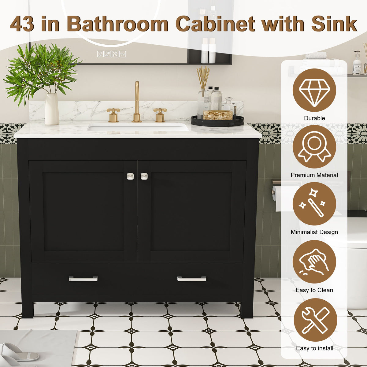 Bathroom Vanity Set, Sink And Faucet Holes Included - Black