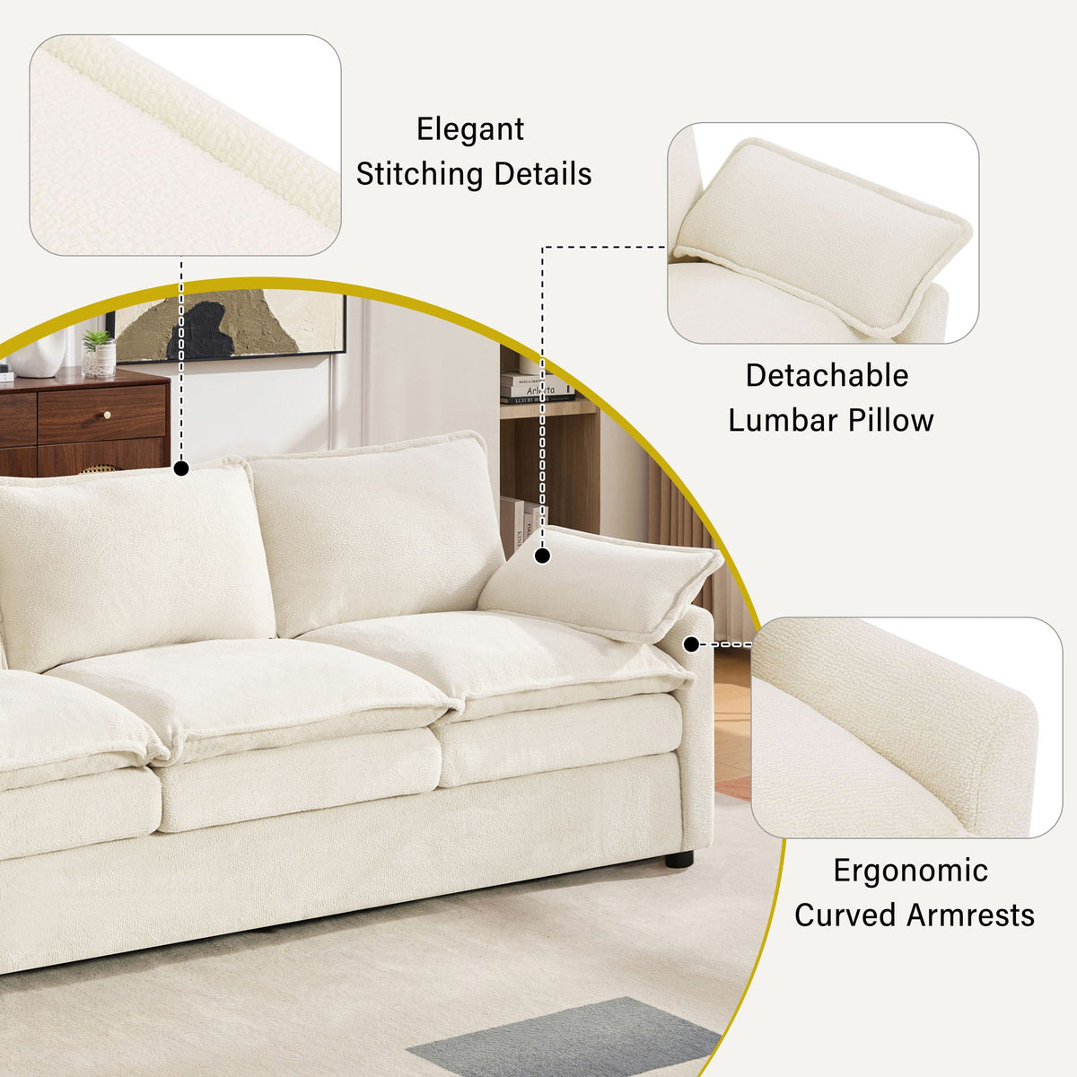 Modern 3 Seater Sofa With Side Storage Pockets For Living Room