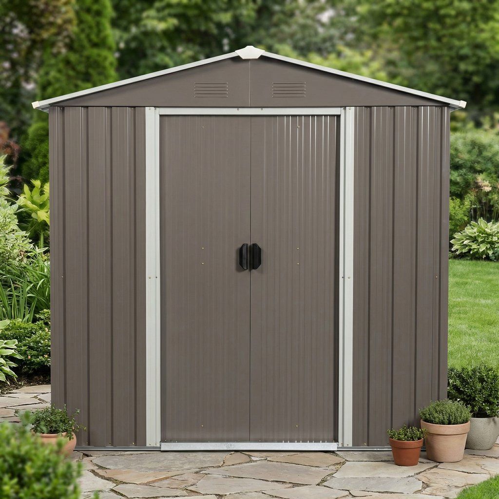 Outdoor Storage Shed Garden Building Heavy Duty Iron 6x5ft Dark Gray