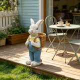 Simulated Couple Rabbit Statue Flower Pot Ornament, Resin Garden Sculpture Decor - Blue / White