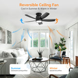 Flush Mount Ceiling Fan With LED Light 22W And Remote Control Blades For Indoor Use - Black