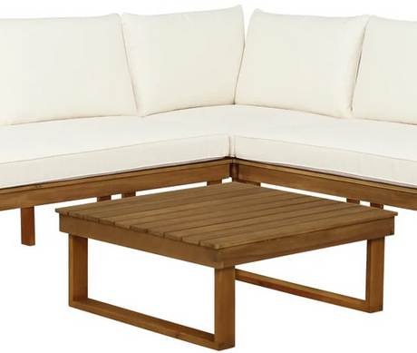 Linon Sea Breeze 4-Piece Beige/Brown Wooden Outdoor Loveseats with Cushions and Corner Table Set