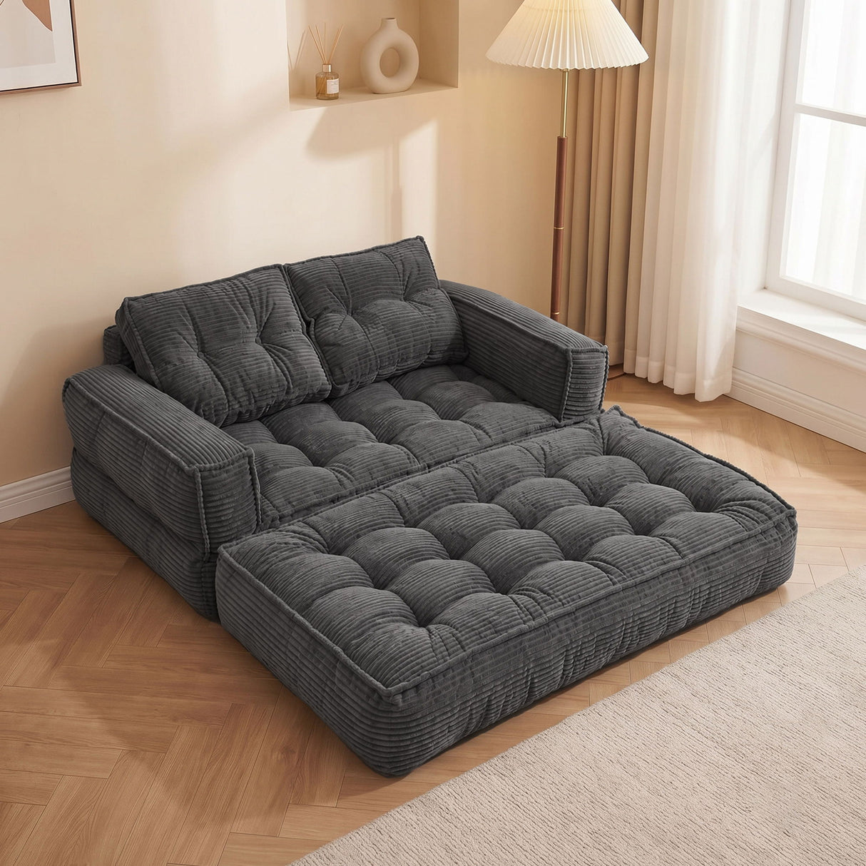 2 Seater Modular Corduroy Sofa With Chaise Lounge For Living Room