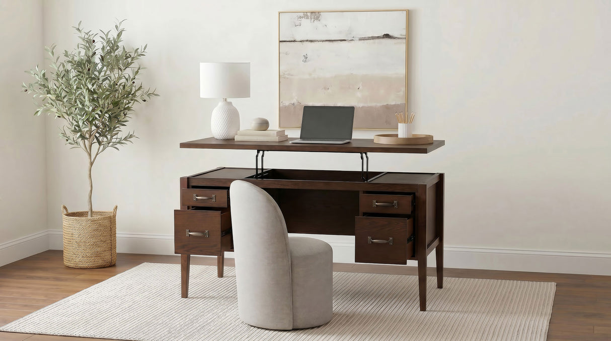Graham 54" Lift Top Computer Desk with 4 Drawers, Chocolate