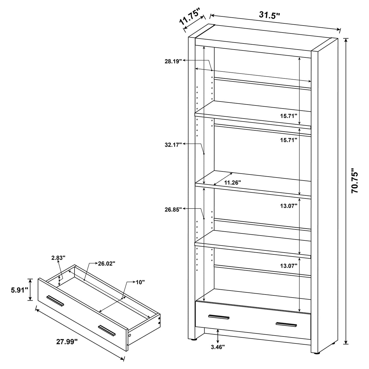 Skylar 71-Inch 5-Shelf Bookcase with Drawer, Cappuccino