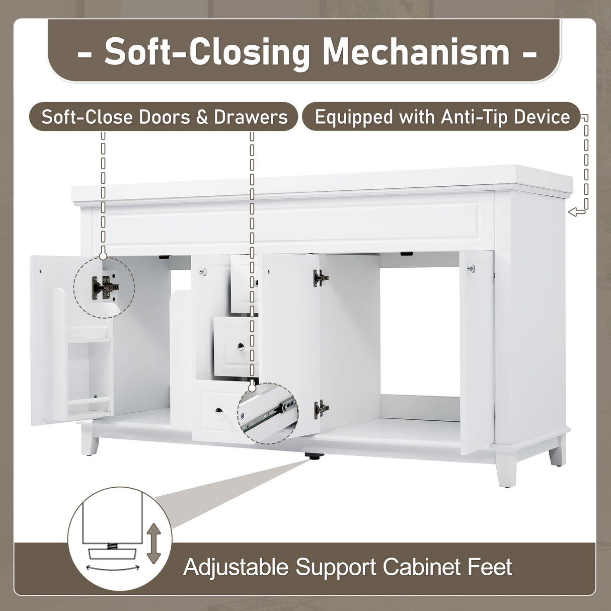 Bathroom Vanity Cabinet Only, 3 Drawers & 4 Doors & Double Layer Shelves - White