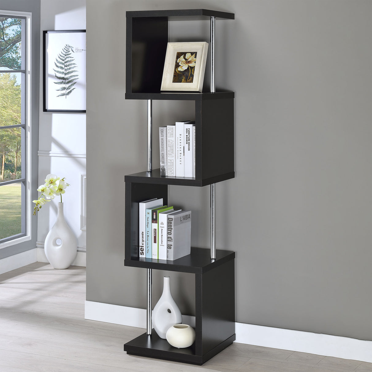 Baxter 67-inch 4-Shelf Bookshelf Black and Chrome