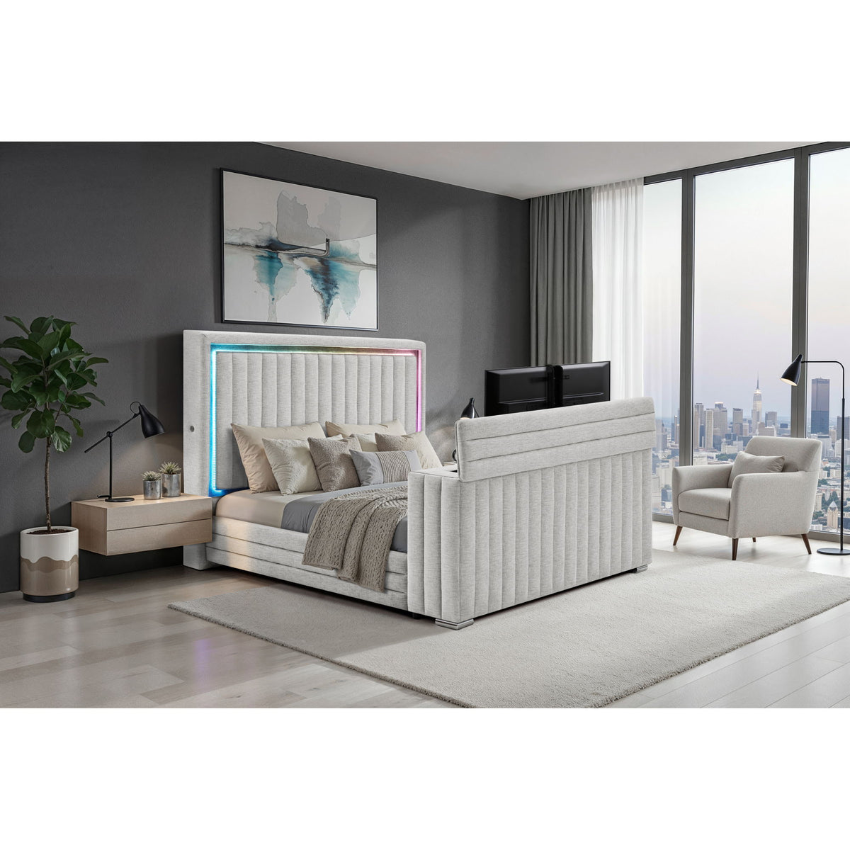 Elliot - Bed With Immersive Sound, LED Lighting, Fireplace Footboard, TV Lift