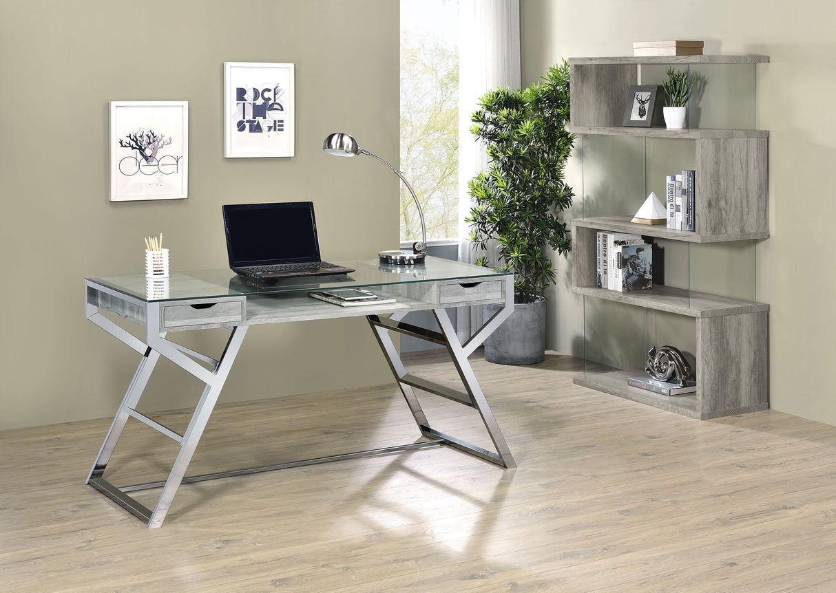 Emelle 63-Inch 4-Shelf Glass Panel Bookshelf Grey Driftwood
