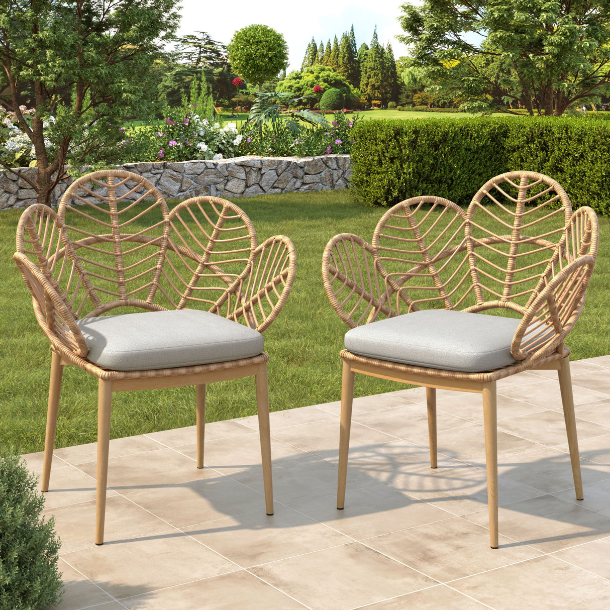 Kirk - Outdoor Wicker Peacock Shape Papasan Style Chair, Teak Finished Leg (Set of 2) - Beige / Light Brown / Light Teak