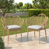 Kirk - Outdoor Wicker Peacock Shape Papasan Style Chair, Teak Finished Leg (Set of 2) - Beige / Light Brown / Light Teak