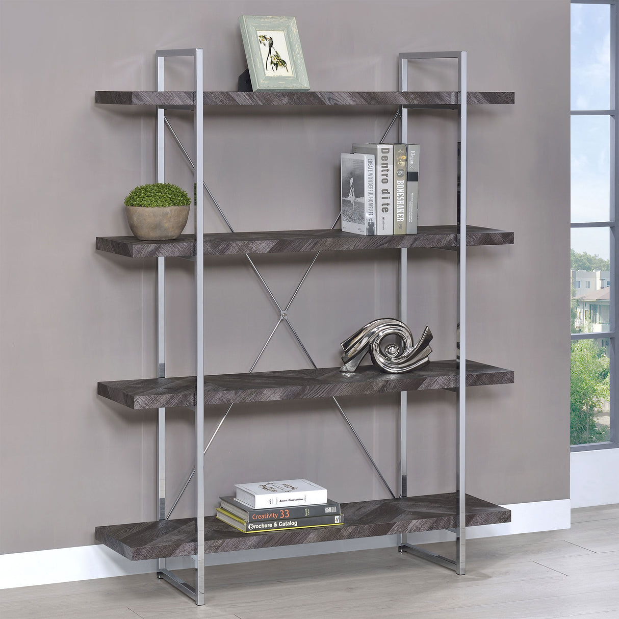 Grimma 63-Inch 4-Shelf Bookshelf - Rustic Grey & Chrome