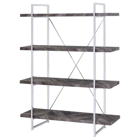 Grimma 63-Inch 4-Shelf Bookshelf - Rustic Grey & Chrome