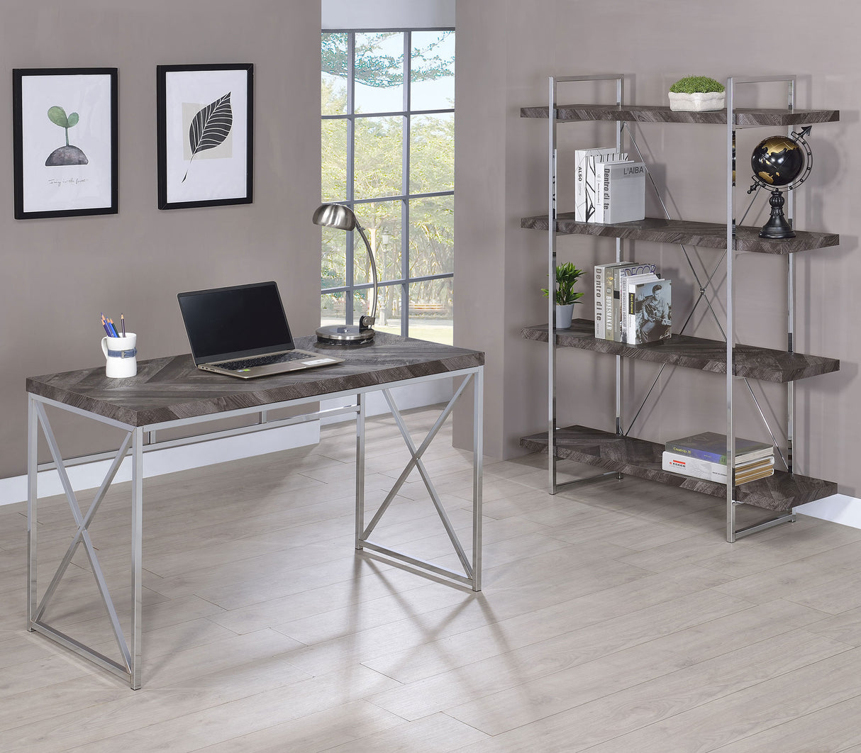 Grimma 63-Inch 4-Shelf Bookshelf - Rustic Grey & Chrome