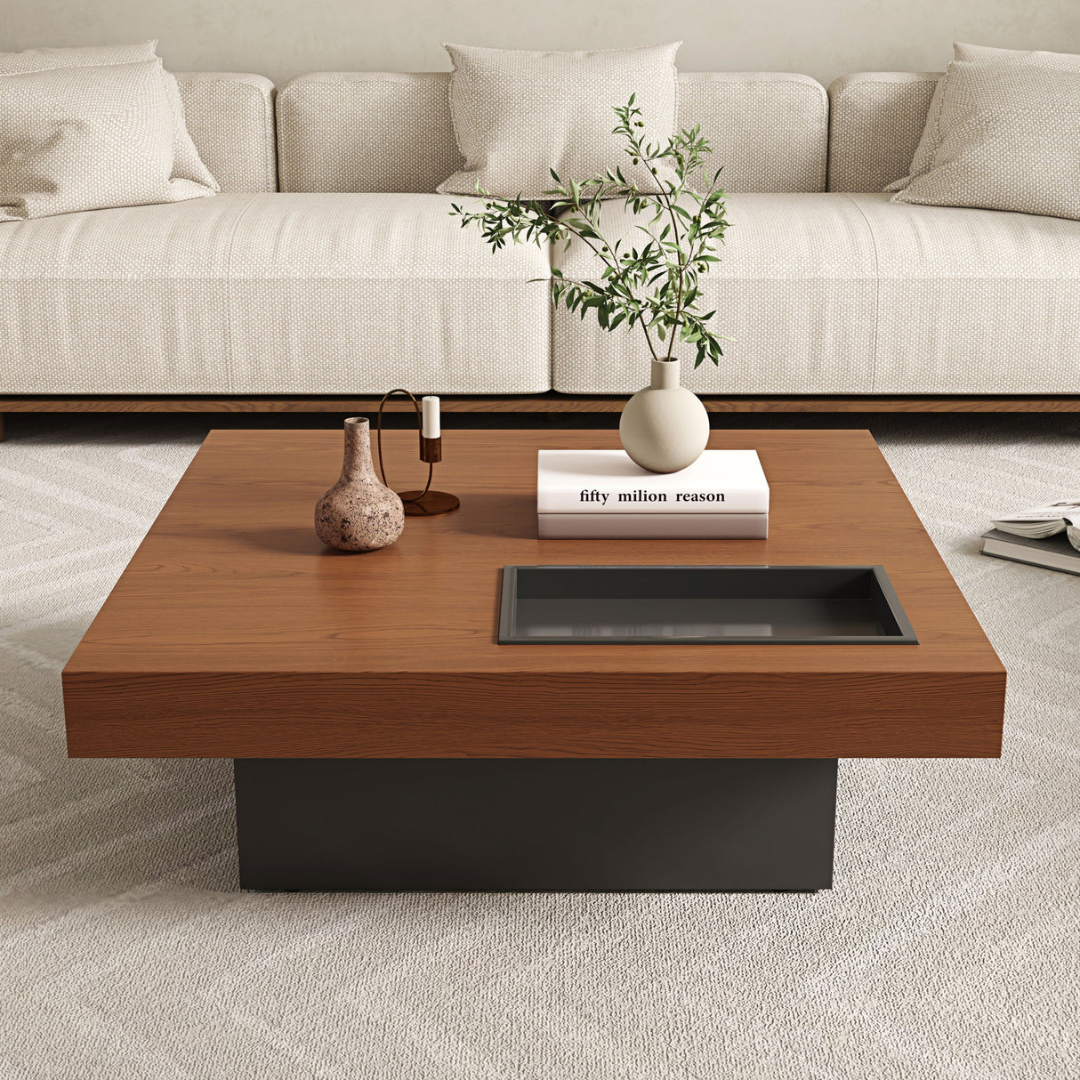 Square Floating Coffee Table For Living Room - Dark Walnut
