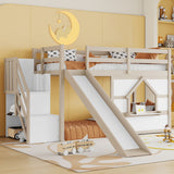 Loft Bed With Storage Stairs, Slide, Playhouse Window And 7 Colors LED Lights