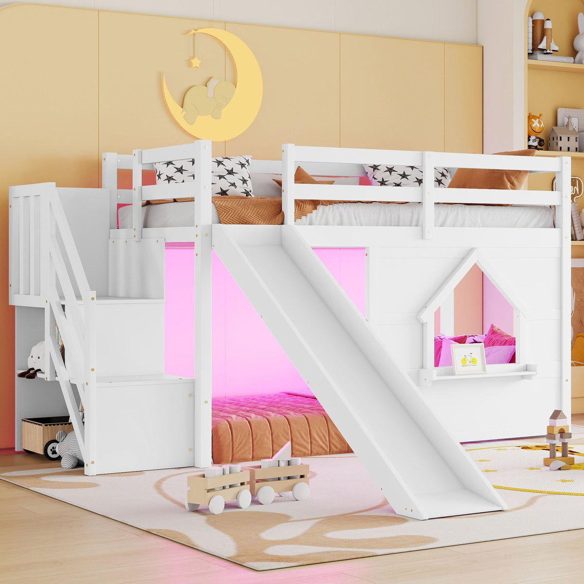 Loft Bed With Storage Stairs, Slide, Playhouse Window And 7 Colors LED Lights