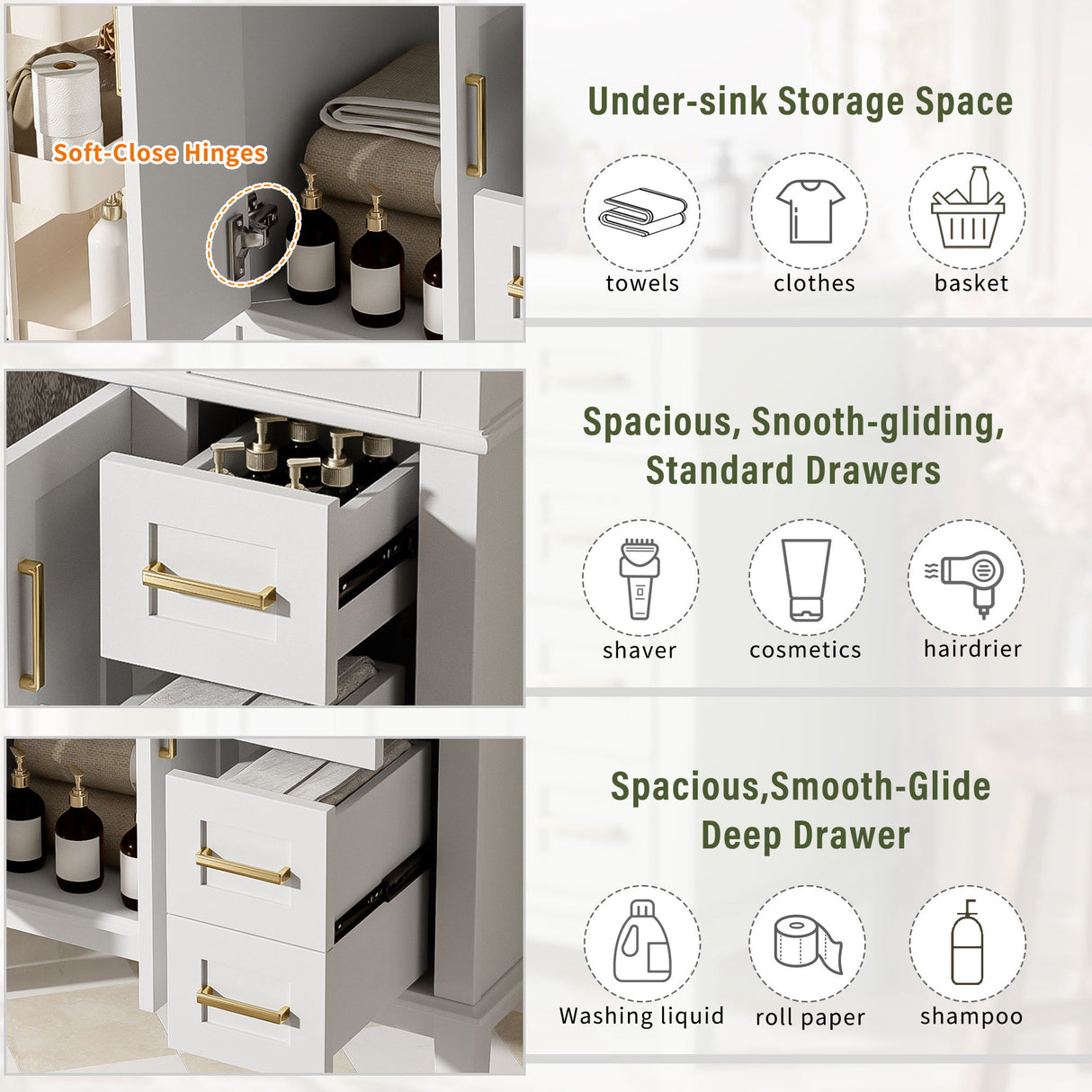 Modern Bathroom Vanity With Sink, Storage Cabinet, Soft Close Doors, Deep & Standard Drawers