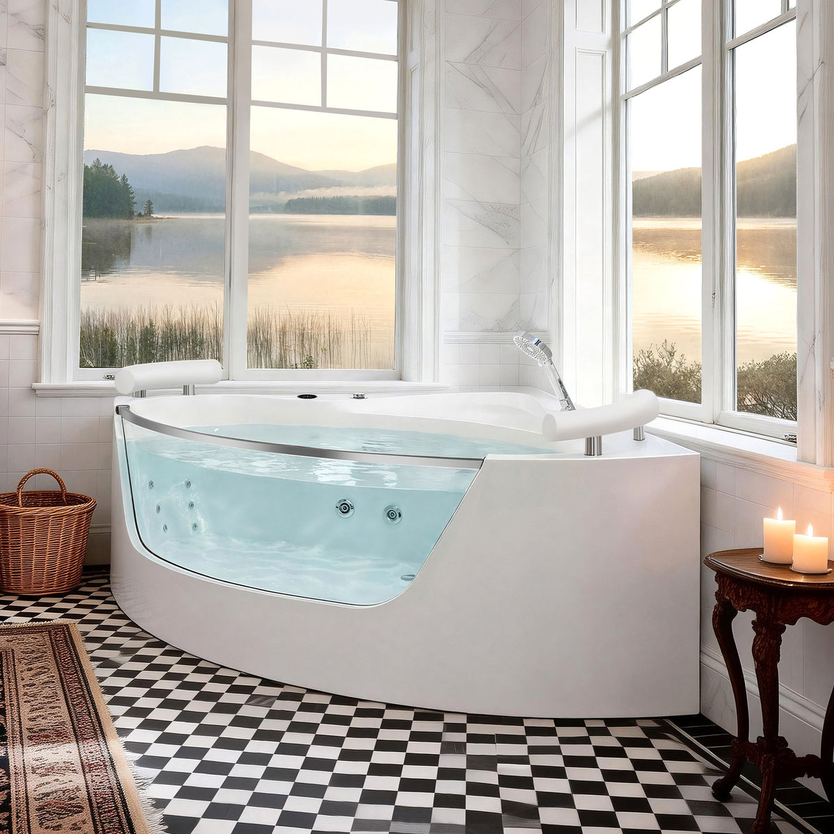 Korra - 2 Person Acrylic Corner Whirlpool Bathtub With Hydro Massage, Rainbow Light, Heater - Milk White