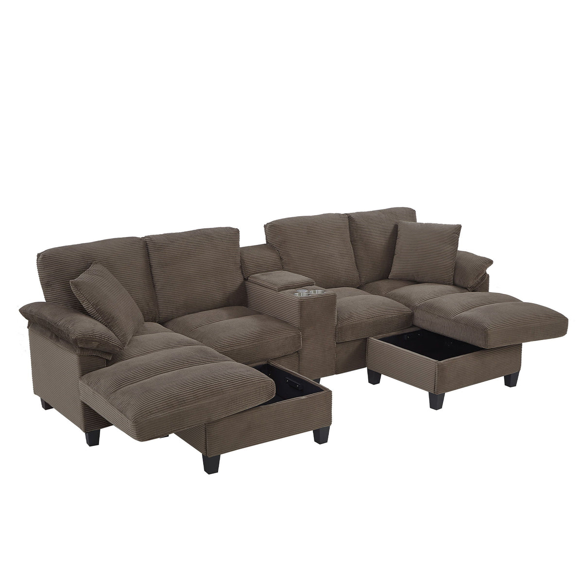 Modern U - Shaped Sectional Sofa With Storage Ottomans, USB Ports, And Cup Holders