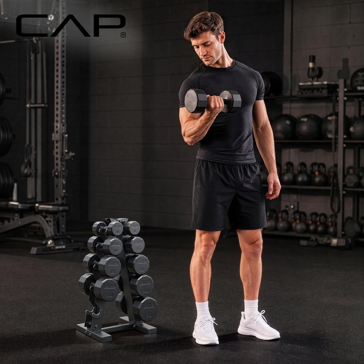 CAP 12-sided Rubber Dumbbell Set with Rack
