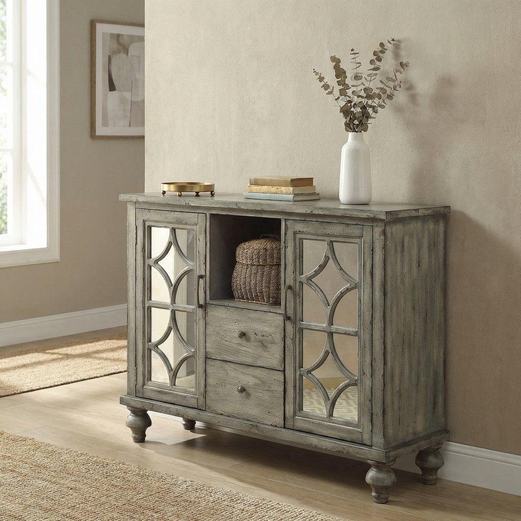 Console Table Sideboard Entryway Storage Cabinet with Mirrored Wood 48x37in Gray