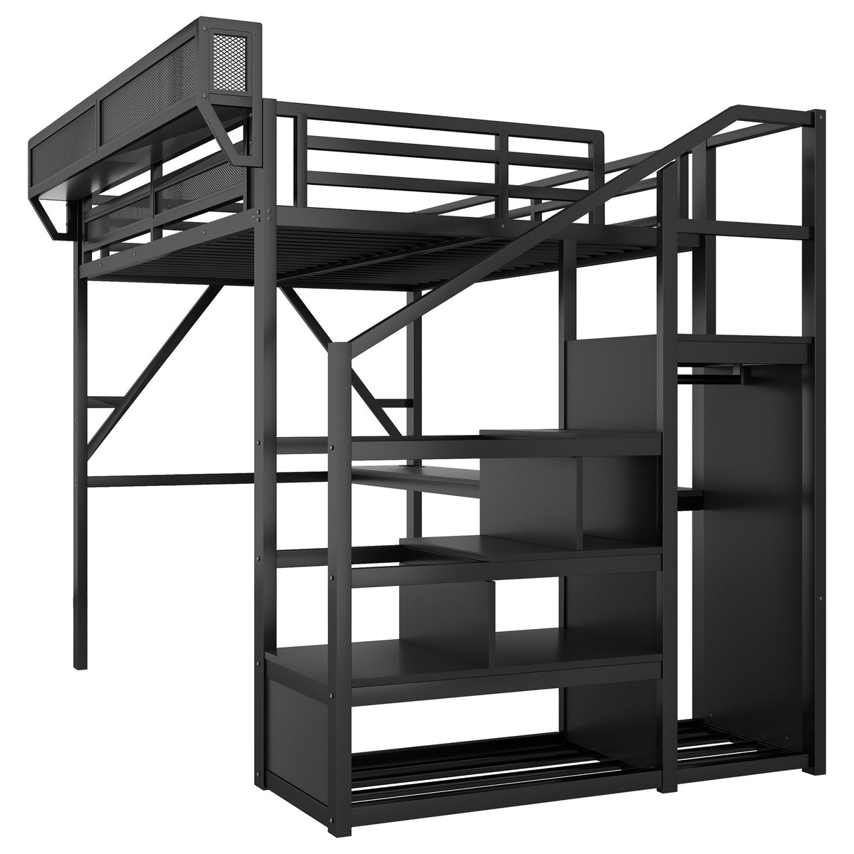 Queen Loft Bed With Desk And Charging Station Stairs And Light - Black