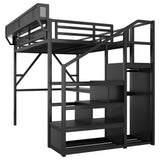 Queen Loft Bed With Desk And Charging Station Stairs And Light - Black