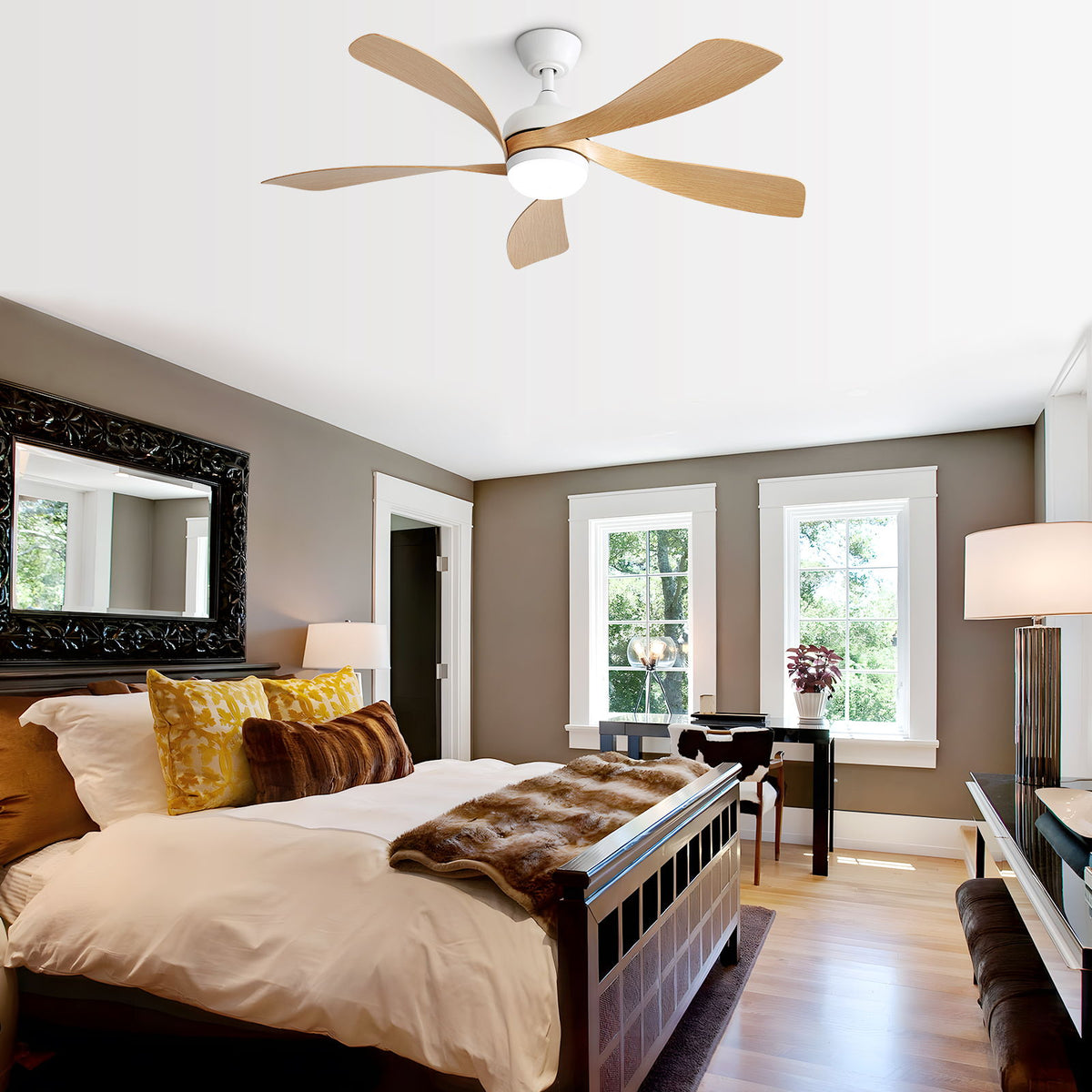 52" Ceiling Fan With 3 Color Dimmable LED Light, 5 Blades, Remote Control, Reversible DC Motor