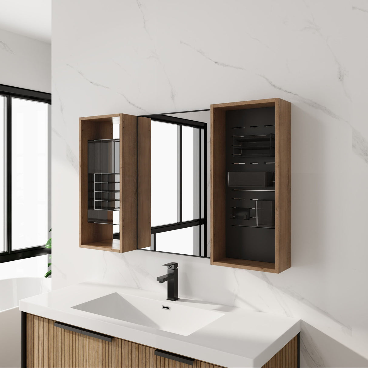 43.5" Mirror Cabinet With Storage, Wall Mounted Medicine Cabinet Frame With Shelves - Imitative Oak