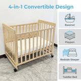Portable Bedside Bassinet With 3 Adjustable Heights, Mini Crib For Newborns - Natural Wood