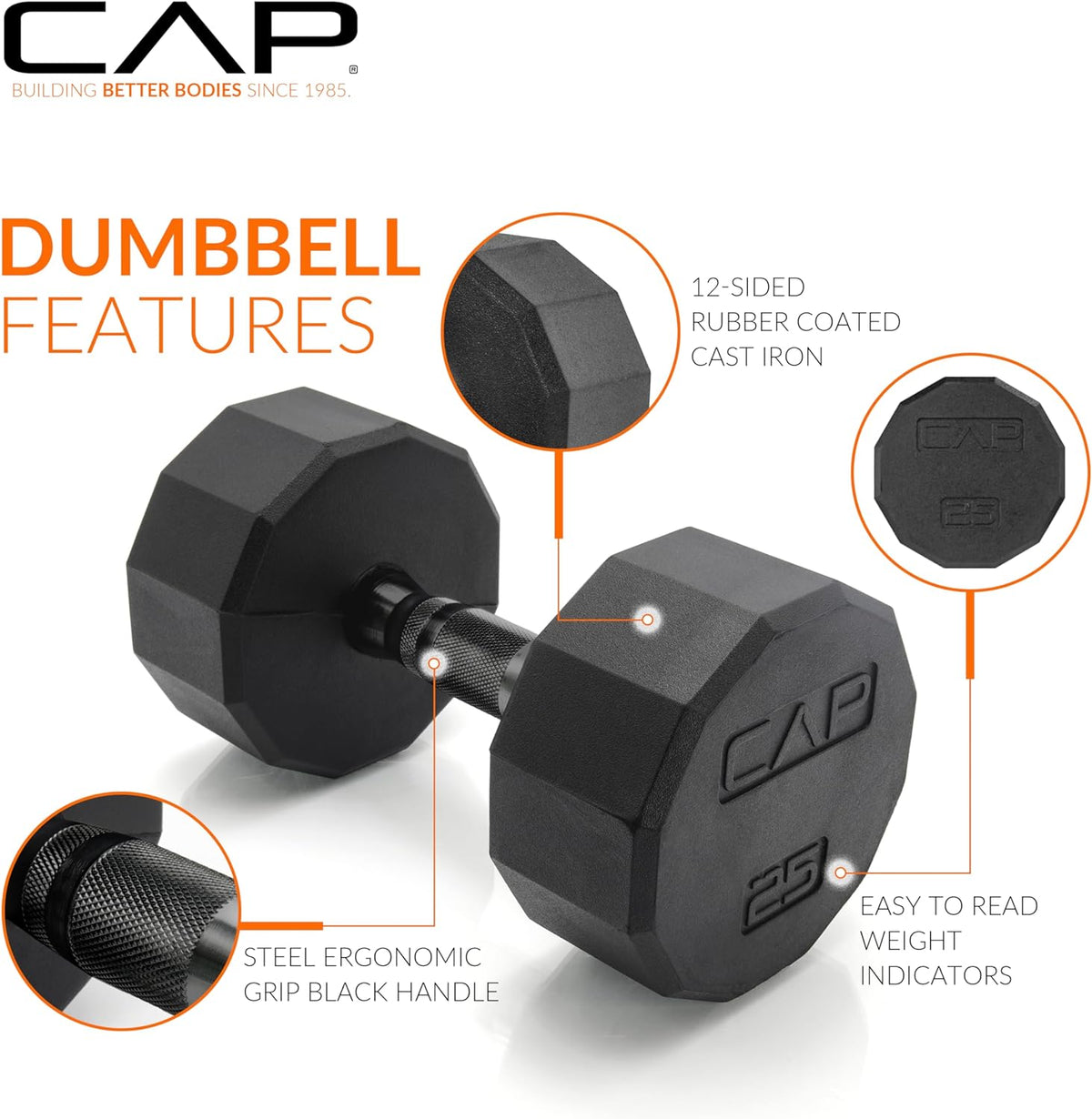 CAP 12-sided Rubber Dumbbell Set with Rack
