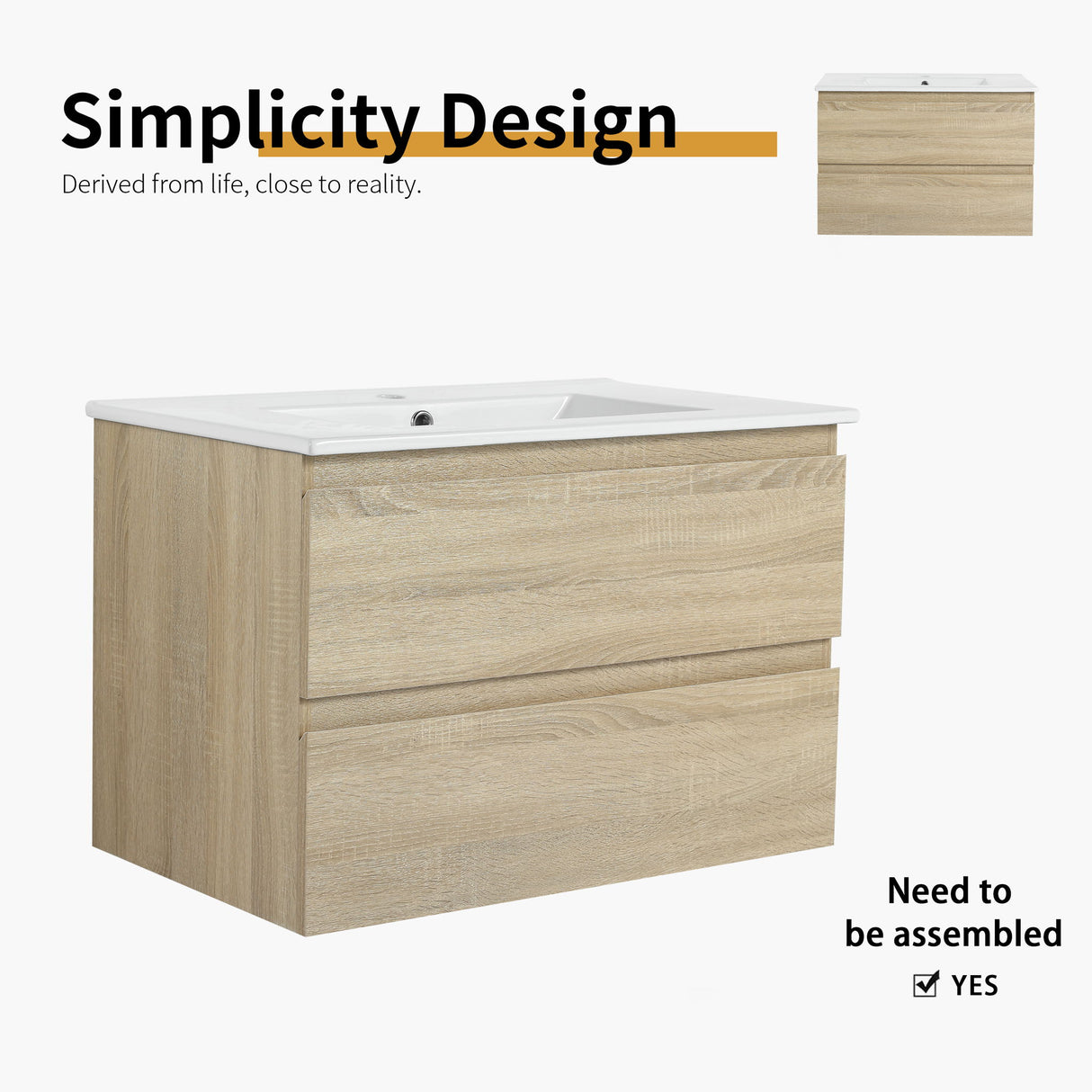 Wall Mounted Bathroom Vanity & Sink, 2 Soft Close Drawers
