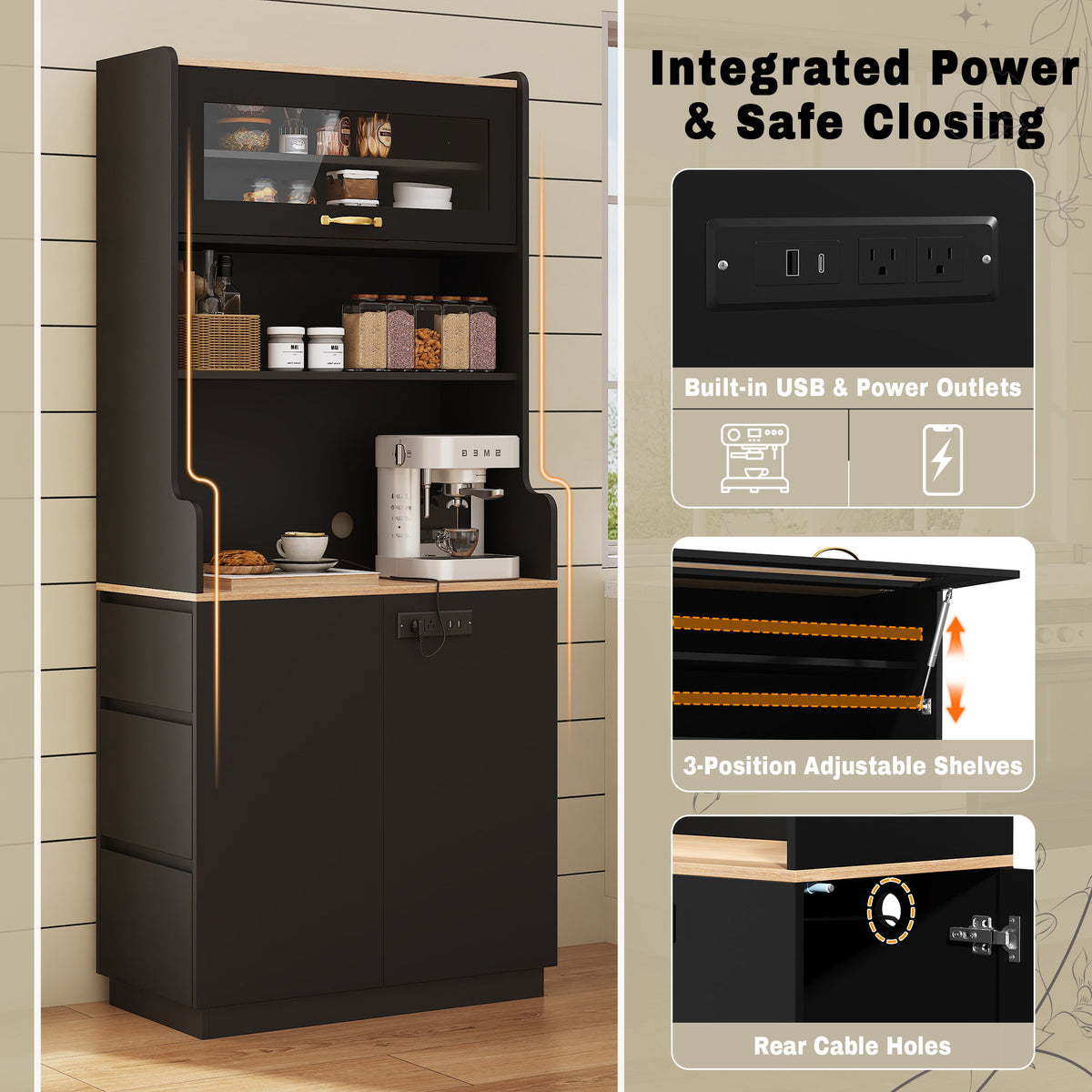 Pantry Cabinet With Hydraulic Flip Top And USB Charging Port