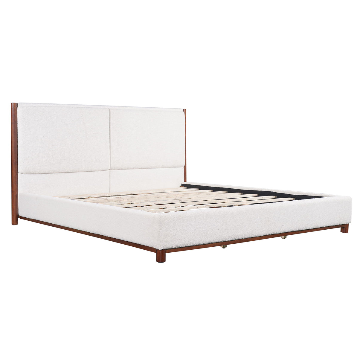 King Upholstered Bed Frame, No Box Spring Needed - Walnut / White