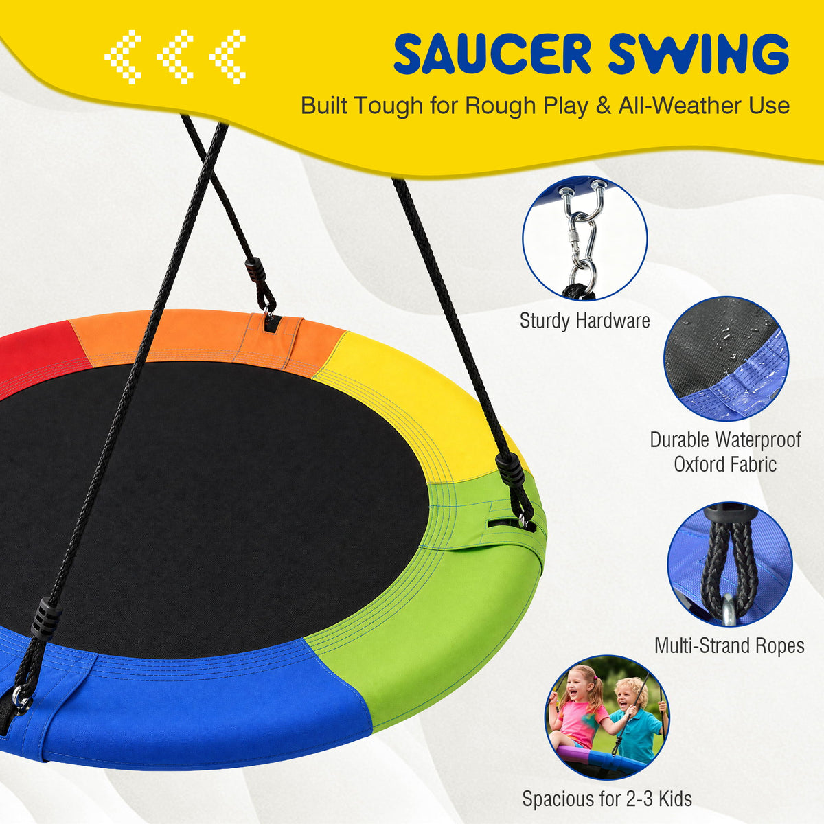 5 In 1 Kids Swing Set With Saucer Swing, Belt Swing, Basketball Hoop & Soccer Goal - Blue / Yellow