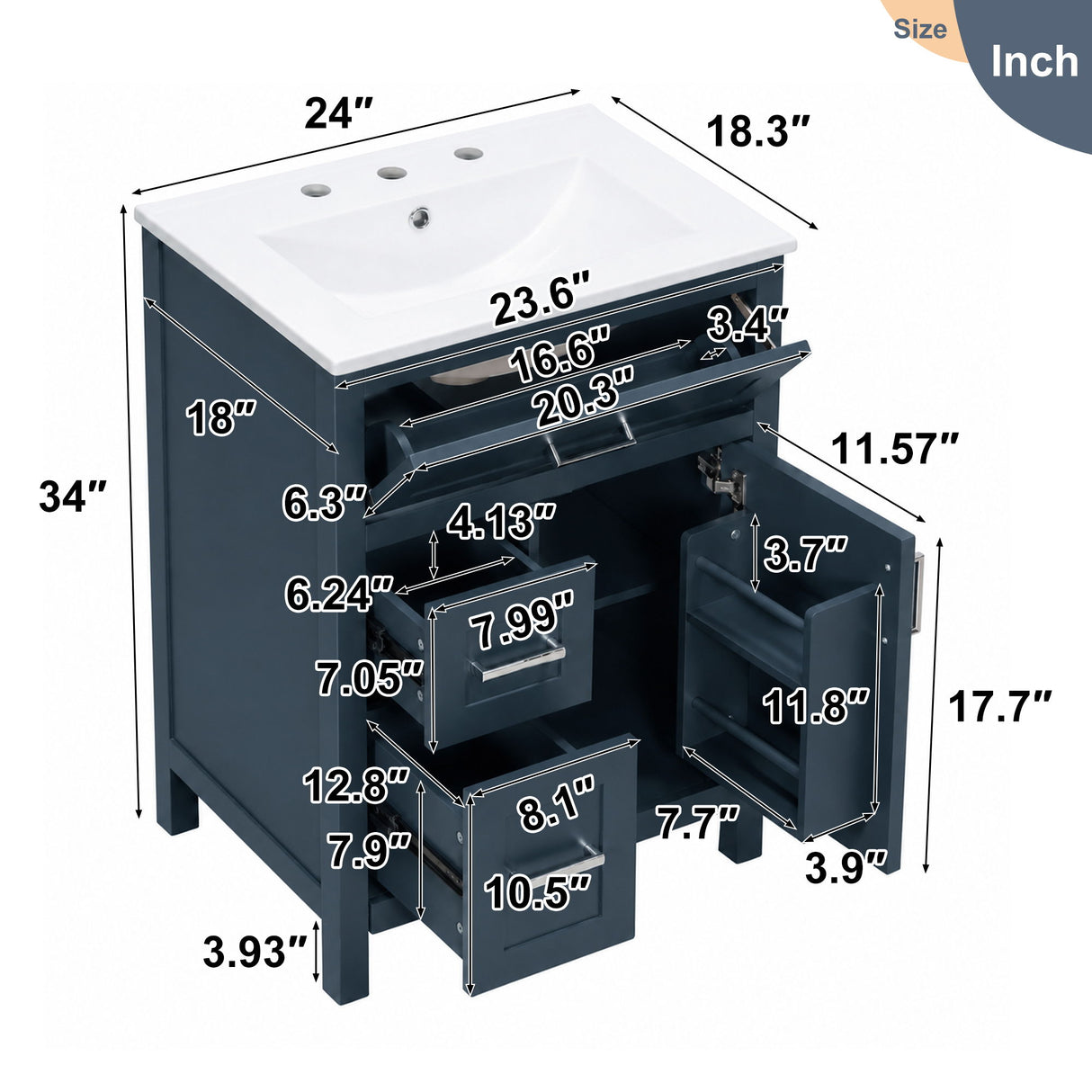 Modern Bathroom Vanity With Sink, Flip Drawer & 2 Drawers, Soft Close Hinges, Adjustable Shelf