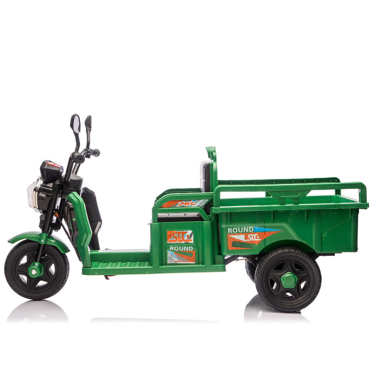 12V Kids Electric 3 Wheel Cargo Truck, 2Wd, Anti Slip Wheels, Large Storage, Extra Wide Seat With LED Lights & Music - Green