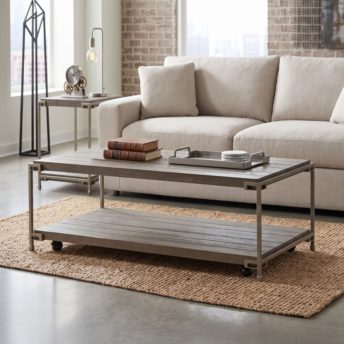 Corbeta - 3 Piece Metal Frame Wood Living Room Coffee Table And 2 Chairside Tables Set, Aged Graphite - Brown