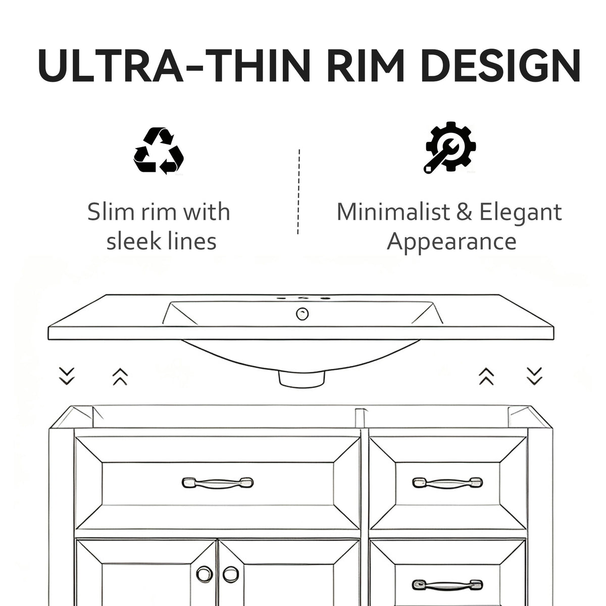 Basin Sink, 0.6" Ultra Thin Profile, Triple Faucet Holes, Sink Only