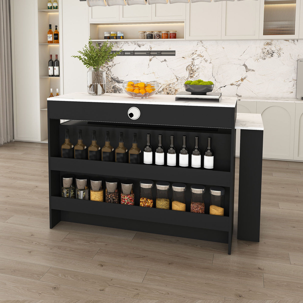 Retro Kitchen Island Set With Chairs, Extendable & Rotating Table, 4 Drawers & Door Cabinets