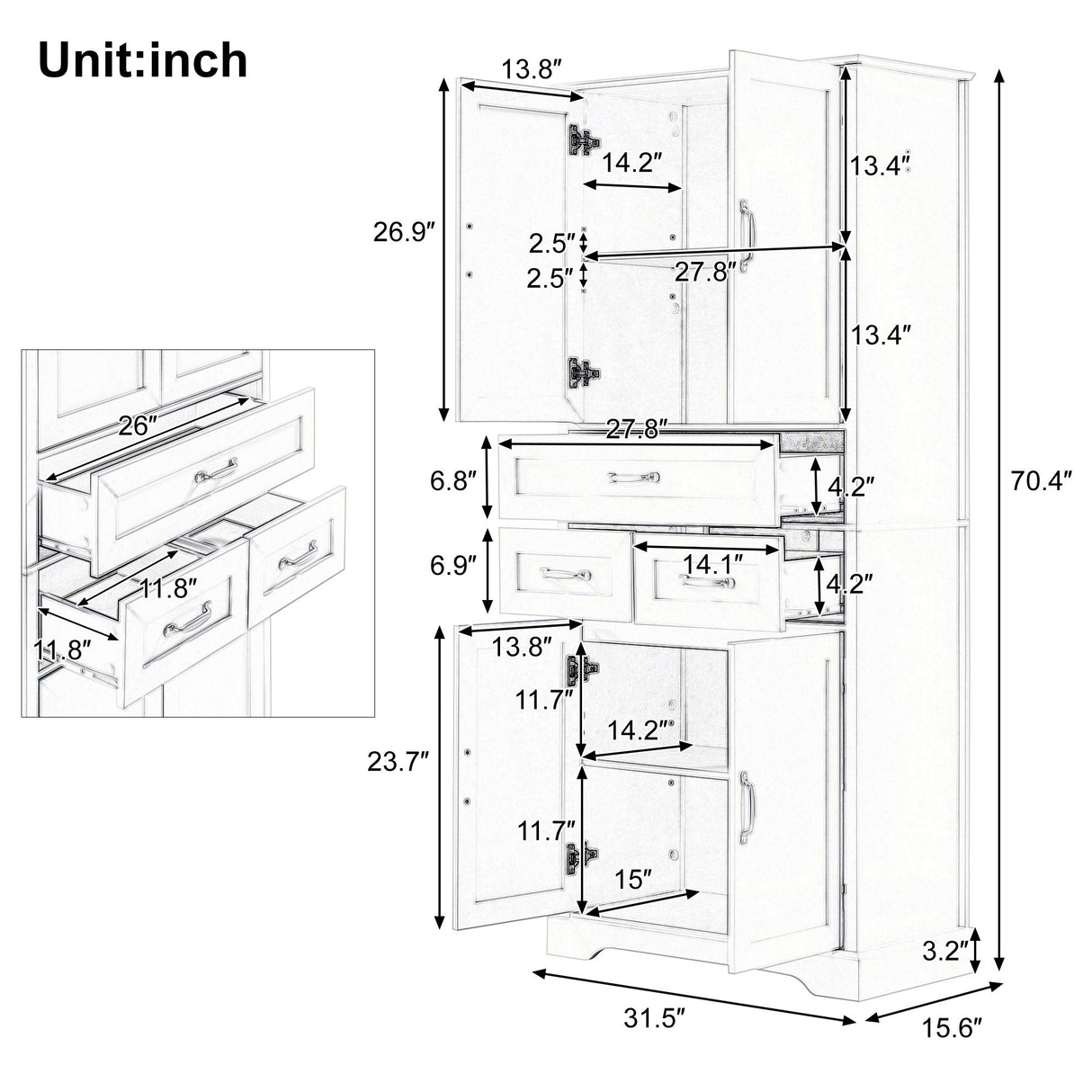 Tall Bathroom Storage Cabinet With 4 Doors 3 Drawers Adjustable Shelves - White