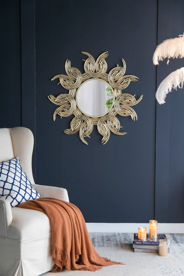 Sunburst Metal Decorative Mirror With, Boho Wall Decor Sun Mirror For Living Room Bathroom Enterway - Gold - Wall Mirrors - Alpine Outlets
