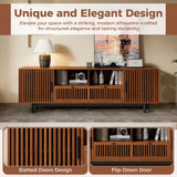 TV Stand, Entertainment Center With Slatted Doors, Cable Management, Soft Closing Hinges - Walnut