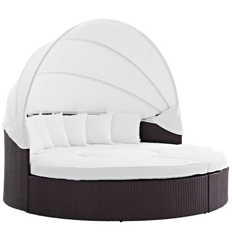 86" Espresso White Outdoor Wicker Rattan Daybed with Canopy - Outdoor - Alpine Outlets