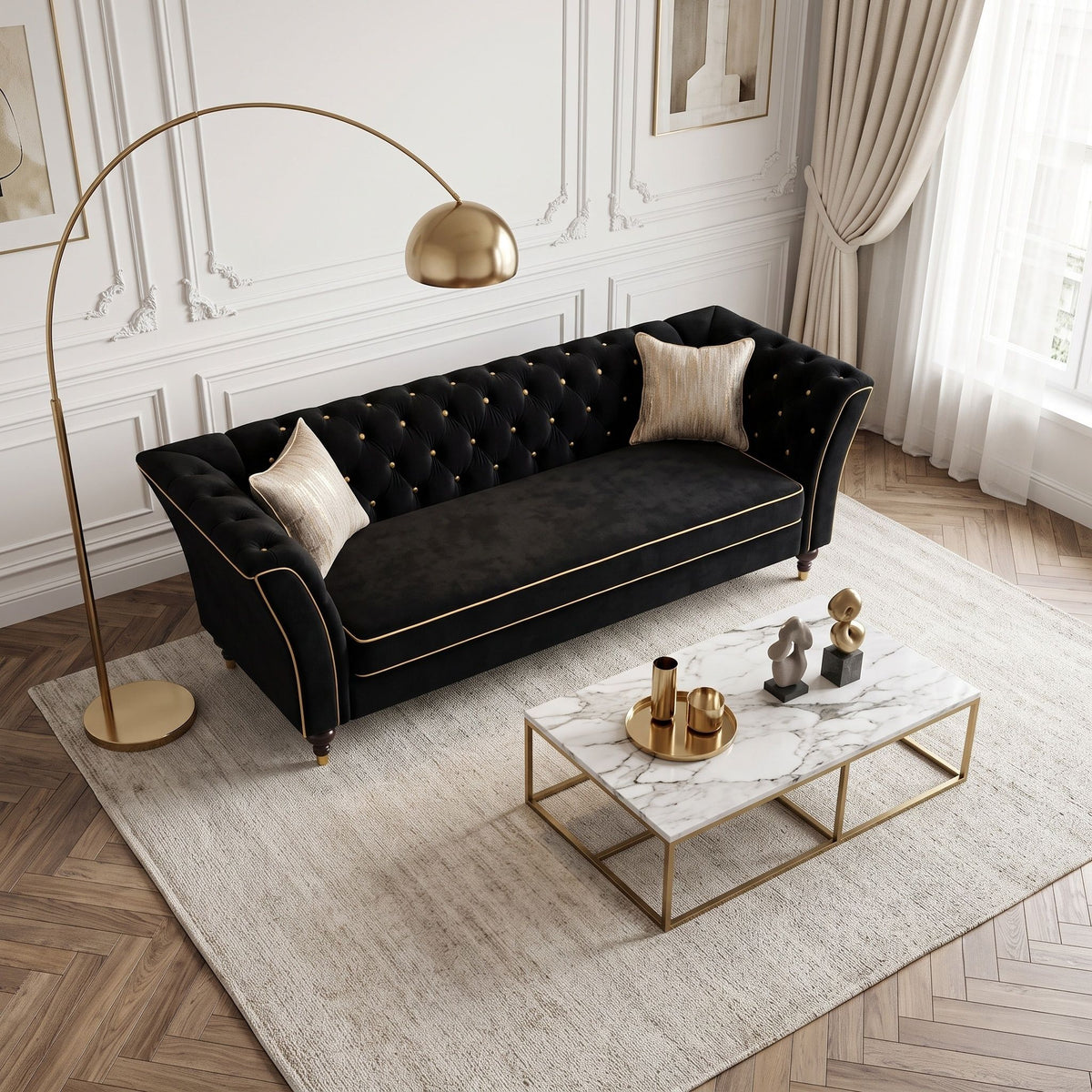 3 Person Sofa With Deep Seat, Tufted Backrest