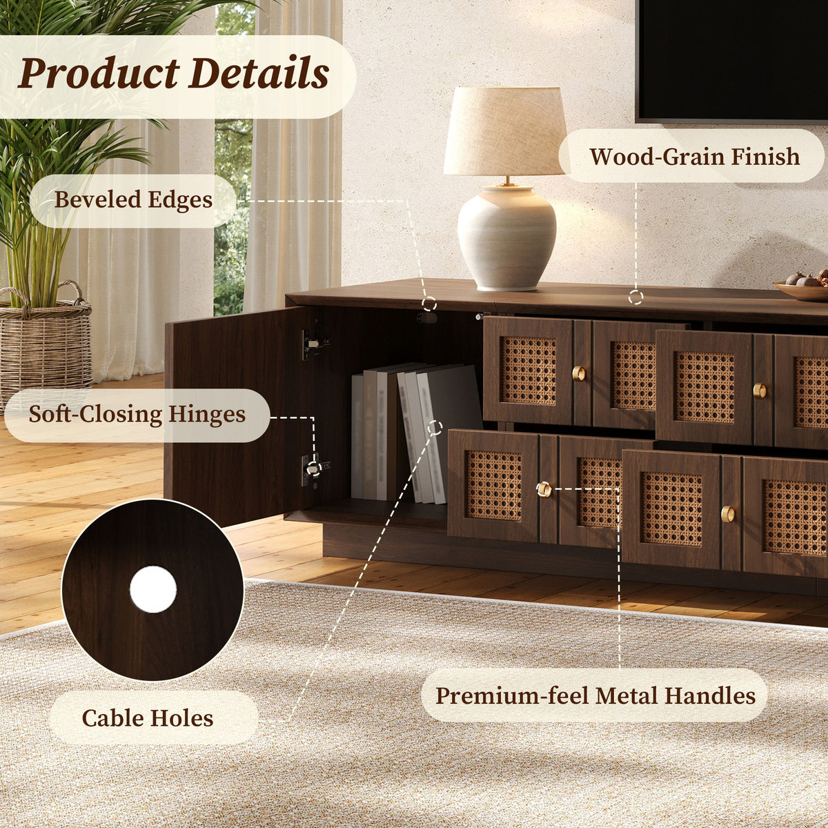 Media Console TV Stand With 6 Drawers & 2 Cabinets - Walnut